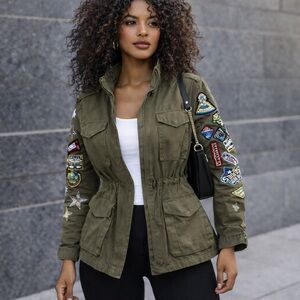 MANGO Army Utility Jacket Olive Green Patch Military Cargo Embroidered S M